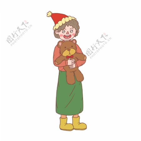 圣诞节卡通手绘女孩和玩具熊