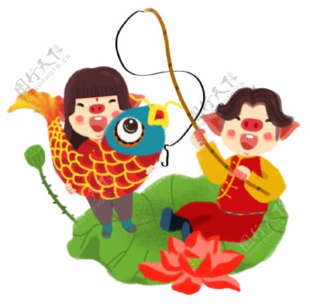 春节卡通手绘钓锦鲤的小猪可爱情侣