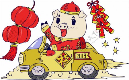 猪年快乐卡通猪灯笼鞭炮福汽车