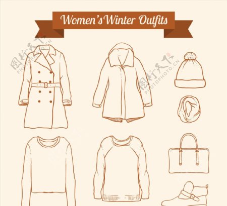 手绘冬季女性服饰元素