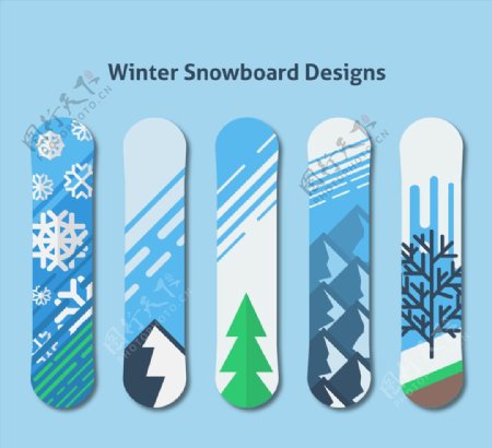 5款彩色冬季图案单板滑雪板