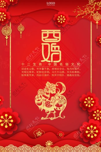 红色十二生肖中国剪纸风酉鸡海报