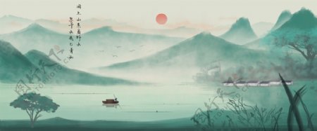 中国风山水墨画水彩山水二十四节气插画背景