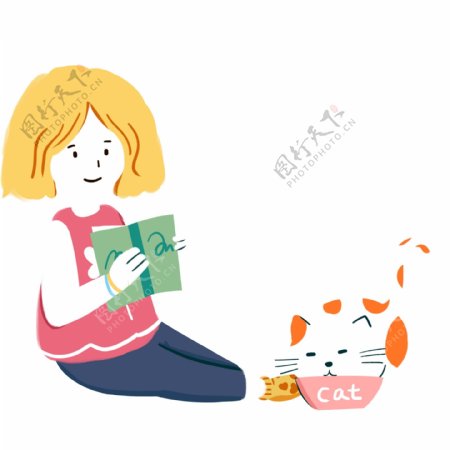卡通可爱看书的女孩和吃饭的猫咪