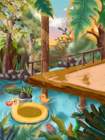 立夏池塘小鸭避暑系列背景设计