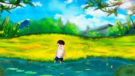 唯美清新二十节气之夏季男孩池塘玩耍插画