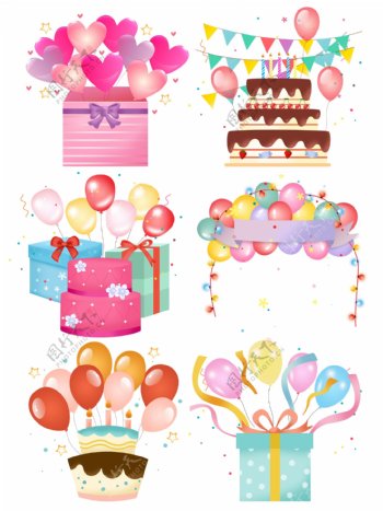 礼花节日气球彩灯彩带蛋糕手绘装饰元素