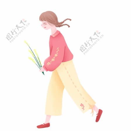 日系可爱拿着水稻的女孩卡通设计