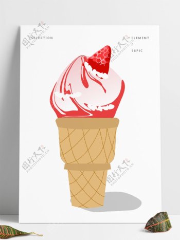 手绘草莓甜筒冰淇淋矢量图