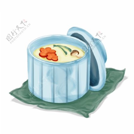清新蓝色碗装日式蛋汤手绘元素