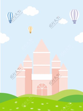 原创手绘卡通城堡蓝天白云热气球背景素材