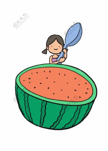 小女孩抱着大勺子吃西瓜
