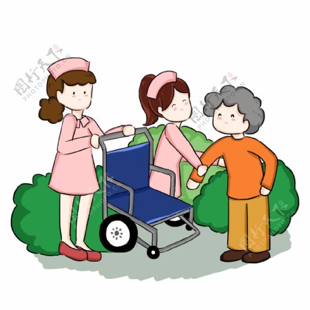 医疗健康医患互动和谐护士扶奶奶上轮椅卡通免扣PNG