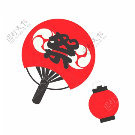 红色日式扇子插画