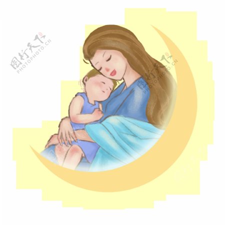 母亲抱着婴儿手绘月亮美梦