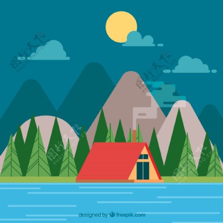 月夜河边野营帐篷风景