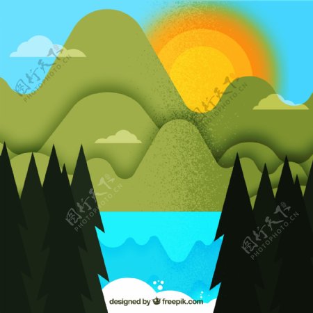 创意山和太阳湖泊风景