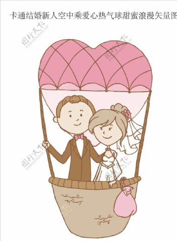卡通结婚新人空中乘爱心热气球
