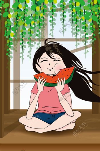 夏至小清新吃西瓜的女孩
