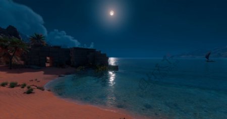 海边沙滩夜景月色风景