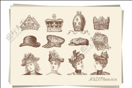 12款入欧式复古皇冠帽饰手绘稿