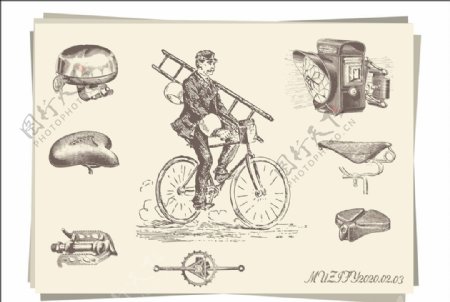 复古自行车零件手绘稿