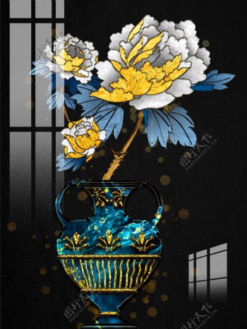 抽象珐琅彩金色花瓶牡丹装饰画