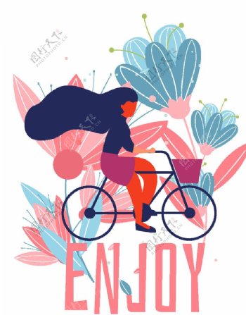 创意骑单车女子和花卉