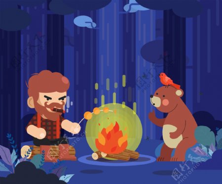 创意树林里烤火的男子和棕熊