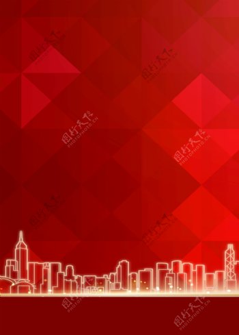 红色背景海报背景城市虚影