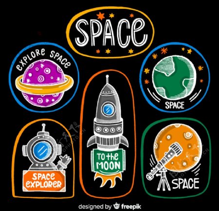 6款彩色太空探索标签矢量图