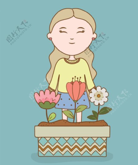 小女孩和花朵插画
