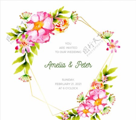 彩绘粉色花卉婚礼海报