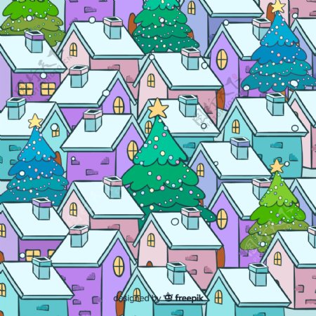 彩色雪中城市房屋风景
