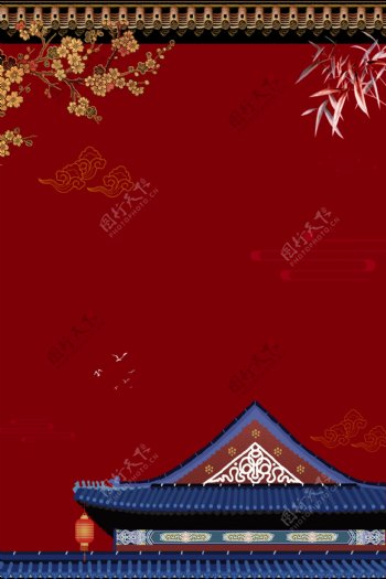 红色古风墙面枝头中国风背景素材