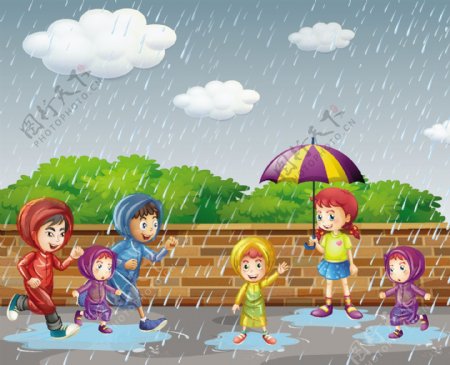卡通雨季儿童