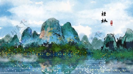 桂林景点国风插画卡通背景