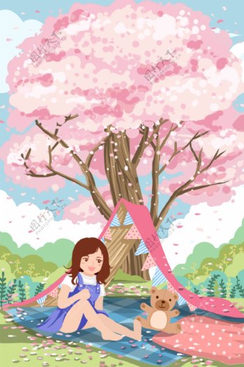 夏季人物女性樱花树插画素材