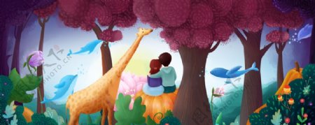 森林长颈鹿梦幻人物插画卡通背景