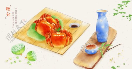 螃蟹蟹礼中秋菊花插画卡通背景