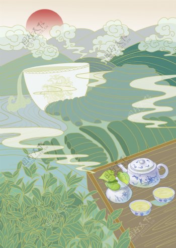 茶叶意境赏茶插画小清新