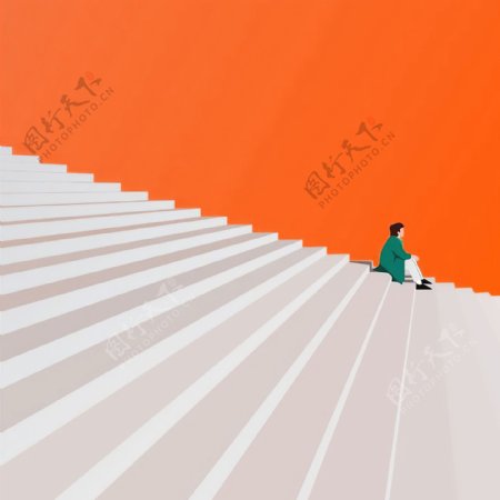 新中式爱马仕橙色卡通楼梯装饰画