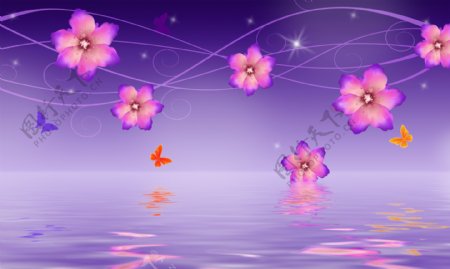 紫色梅花水纹背景墙梅花