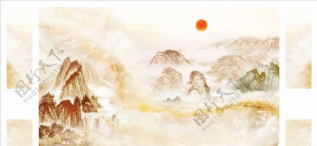 山水画太阳背景墙