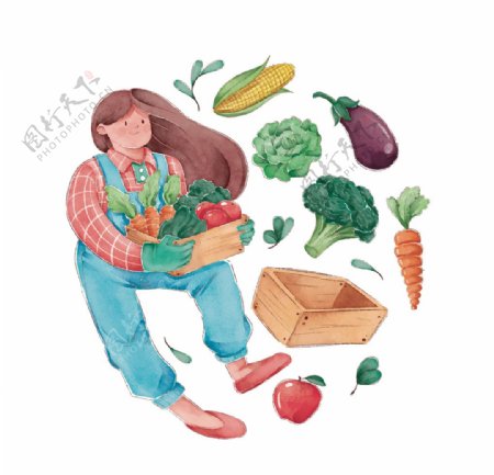 手绘人物与蔬菜