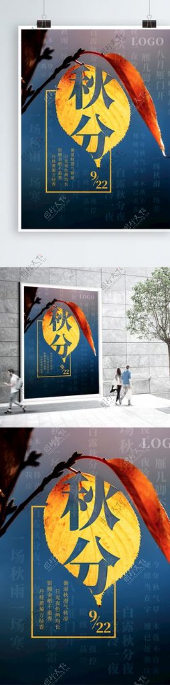中国传统二十四节气秋分落叶海报