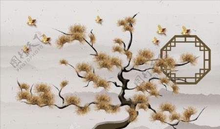 浮雕花松树背景墙