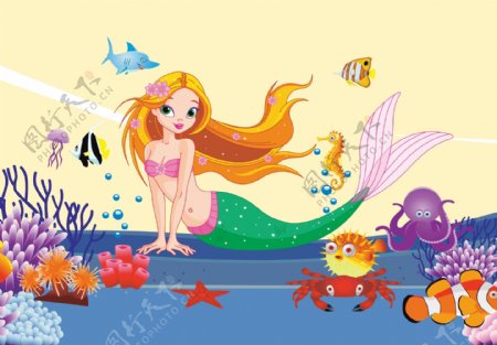 卡通海底世界美人鱼图片