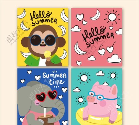 彩绘夏季动物卡片图片