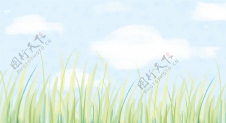 蓝天白云天空草地插画手绘背景图片
